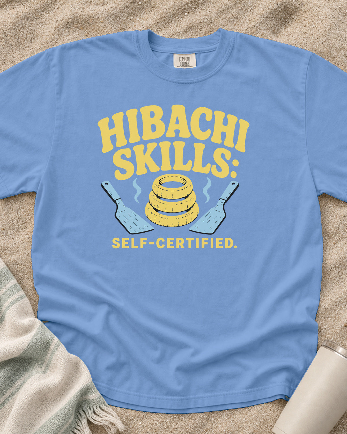 Washed Denim garment-dyed tee with Hibachi Skills Self-Certified griddle graphic.