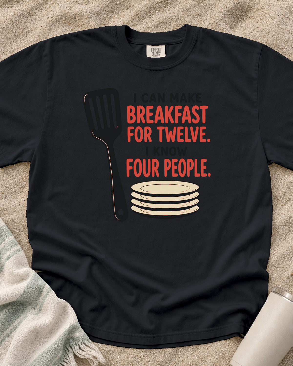 Graphite garment-dyed tee with I Can Make Breakfast for Twelve griddle graphic.