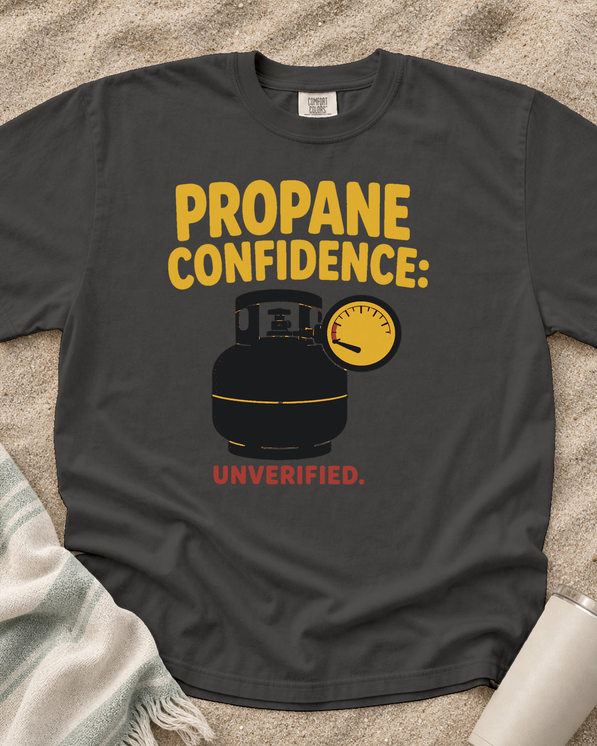 Pepper garment-dyed tee with Propane Confidence Unverified griddle graphic.