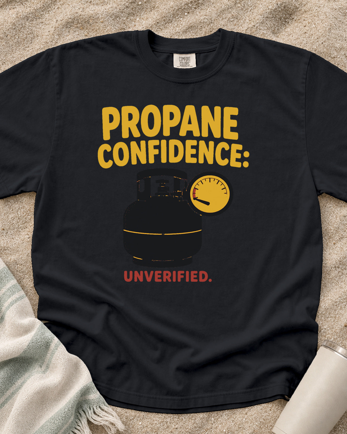 Graphite garment-dyed tee with Propane Confidence Unverified griddle graphic.