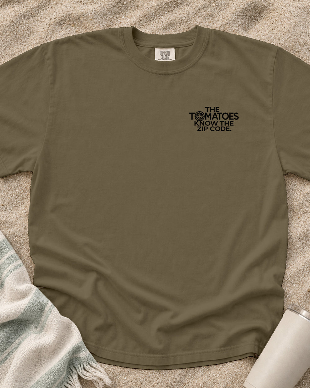 Khaki Comfort Colors 1717 tee with The Tomatoes Know the Zip Code graphic.