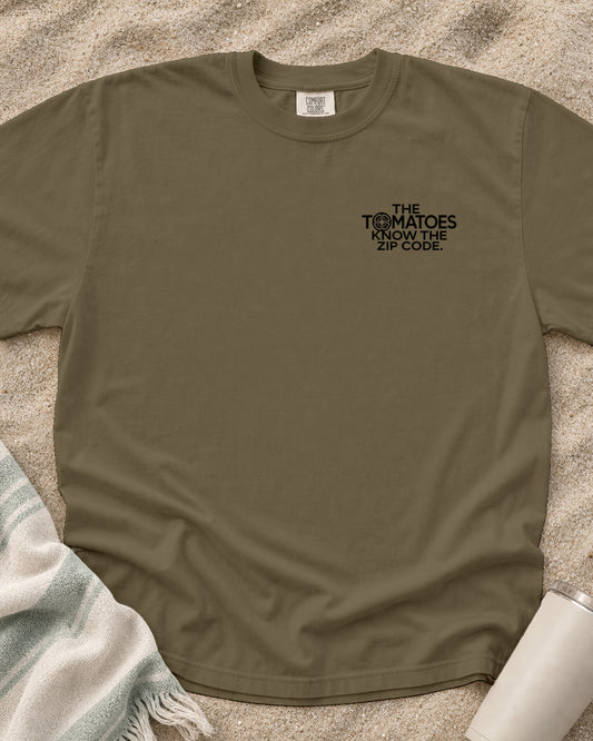 Khaki Comfort Colors 1717 tee with The Tomatoes Know the Zip Code graphic.