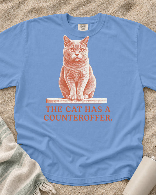 Washed Denim Comfort Colors 1717 tee with The Cat Has a Counteroffer graphic.