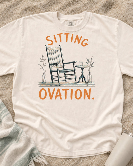 Ivory Comfort Colors 1717 tee with Sitting Ovation graphic.