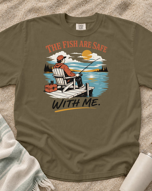 Khaki Comfort Colors 1717 tee with The Fish Are Safe With Me graphic.