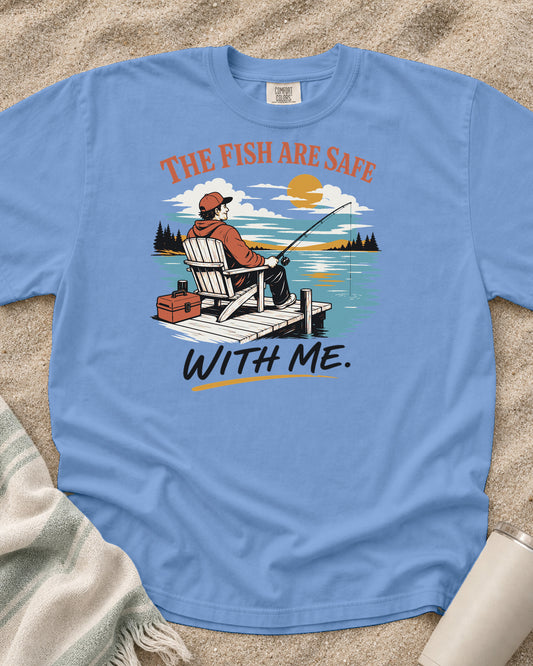 Washed Denim Comfort Colors 1717 tee with The Fish Are Safe With Me graphic.