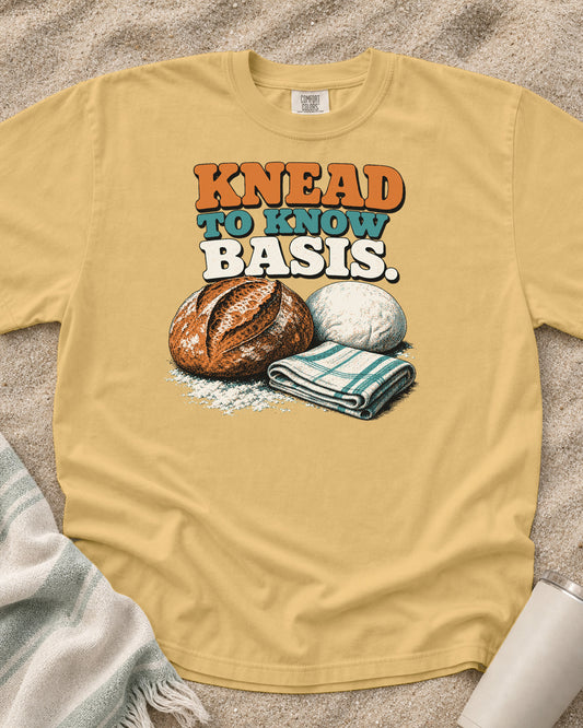 Mustard Comfort Colors 1717 tee with Knead to Know Basis graphic.