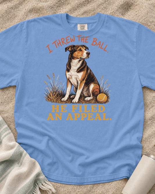 Washed Denim Comfort Colors 1717 tee with I Threw the Ball. He Filed an Appeal graphic.