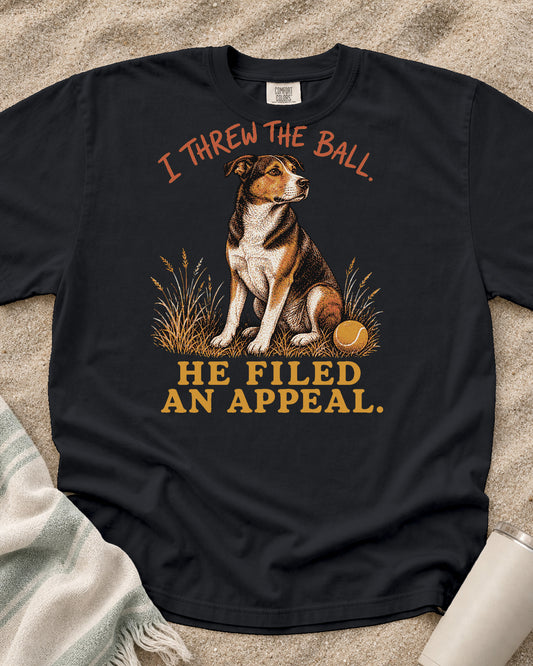 Graphite Comfort Colors 1717 tee with I Threw the Ball. He Filed an Appeal graphic.