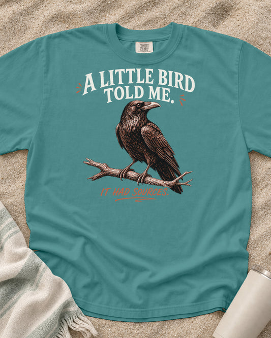 Seafoam Comfort Colors 1717 tee with A Little Bird Told Me. It Had Sources graphic.