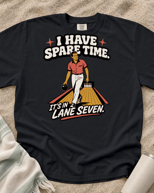 Graphite Comfort Colors 1717 tee with I Have Spare Time. It's in Lane Seven graphic.