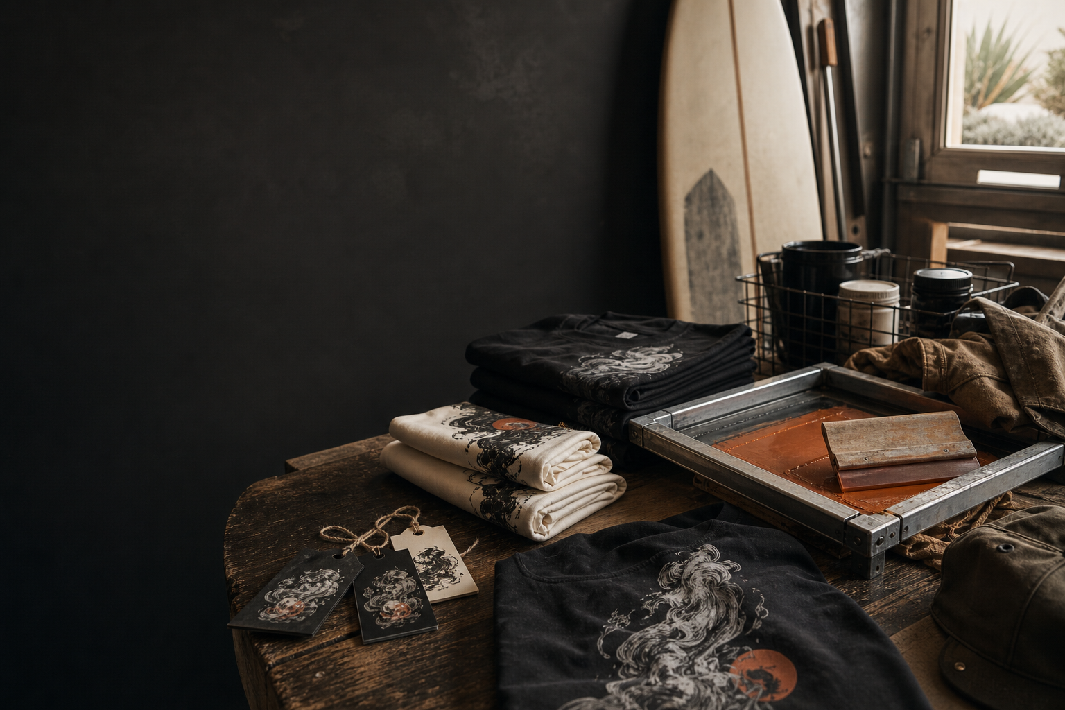 Smokey MFG shop table with tees and screen print tools